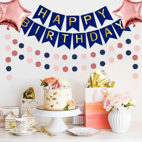 Miniatura 6 de Kit de decoración de cumpleaños azul marino y oro rosa, globos de oro rosa para suministros de fiesta de cumpleaños para mujeres, niñas y hombres