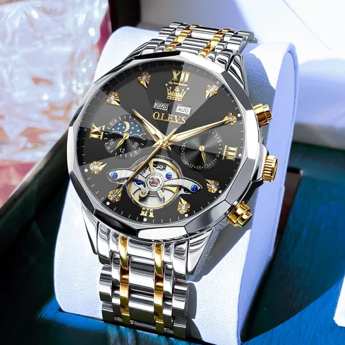 Miniatura 18 de OLEVS Reloj de pulsera automático con diseño de esqueleto para hombre, de lujo, con diamantes de lujo, de acero inoxidable, calendario, reloj