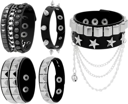 5 pulseras de cuero para hombres y mujeres, punk, gótico, rock, con pinchos de los años 80, accesorios de metal con tachuelas, pulsera negra para