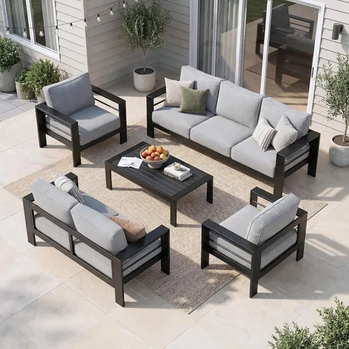 Miniatura 38 de Solaste Juego de muebles de patio de aluminio para todo tipo de clima, moderno juego de muebles de metal para exteriores con asientos profundos