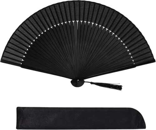 Wobe Ventilador plegable de seda de bambú de mano, ventilador de mano chino japonés con borla de madera, encantador, elegante, estilo retro vintage