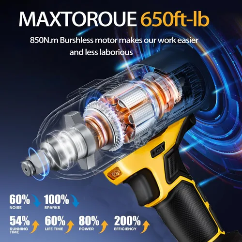 Miniatura 2 de Llave de impacto inalámbrica de 1/2 pulgada, 650 pies-libras (800 N.m) Atornillador de impacto sin escobillas, Pistola de impacto de alto torque