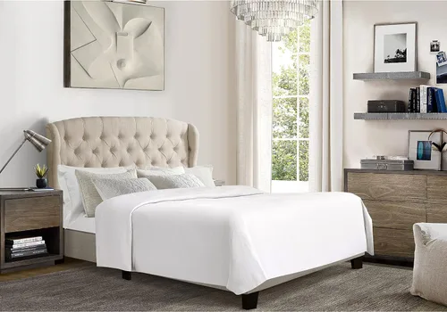 Miniatura 10 de Rosevera Josie Wingback - Base de cama con cabecera capitoné de altura ajustable, marco de cama tapizado de tela, soporte de listones de madera