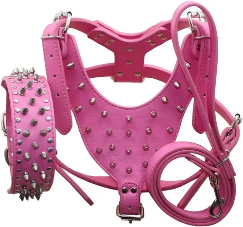 Miniatura 6 de Juego de 3 collares, arneses y correas de cuero con tachuelas para perros medianos y grandes para Pit Bull, Mastín, Boxer, Bull Terrier (negro, M)