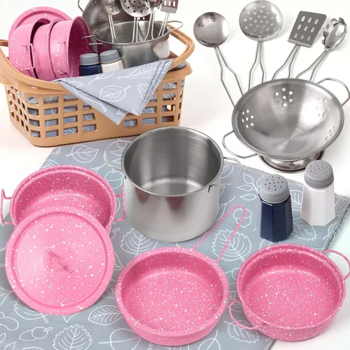 Miniatura 12 de Juego de accesorios de cocina para niños, juguete de cocina para niños, juego de cocina para niños pequeños, para niñas y niños, incluye ollas y Rosa