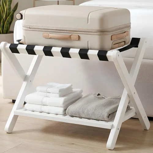 Miniatura 12 de Heybly Portaequipajes, soporte plegable para maleta con estante de almacenamiento, soporte de equipaje con 5 correas de nailon para habitación