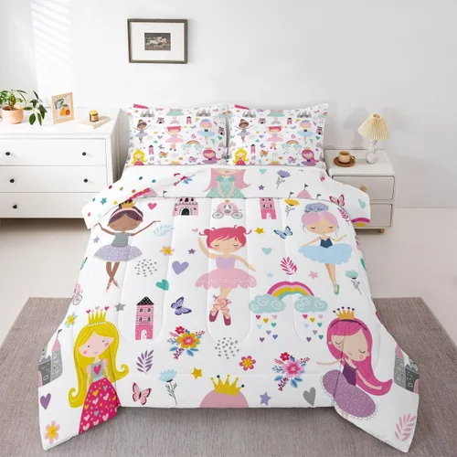 Juego de Edredón de Princesa de Ballet para Niñas Tamaño Individual, Juego de Ropa de Cama de Castillo Arcoíris Kawaii Flores Lindas Mariquita Multi