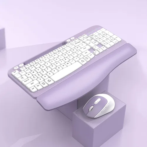 Miniatura 9 de Combo de teclado y mouse inalámbrico, teclado ergonómico de tamaño completo con teclas de onda, reposa muñeca acolchado, soporte para teléfono