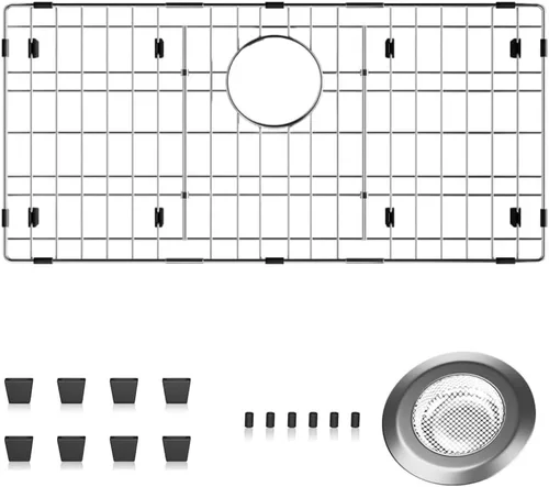 Miniatura 10 de Paquete de 2 rejillas de metal dorado para fregadero de cocina, 13"L X 11.6"W, protectores de fregadero de acero inoxidable con orificio de drenaje
