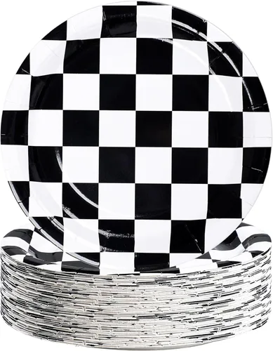 Paquete de 50 platos de papel de coche de carreras de 9 pulgadas, platos desechables en blanco y negro, con bandera a cuadros, platos redondos de