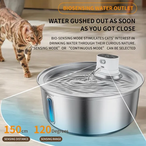 Miniatura 5 de Fuente de agua inalámbrica para gatos de acero inoxidable, fuente para gatos de 270 oz/8 L, funciona con pilas, fuente de agua inalámbrica