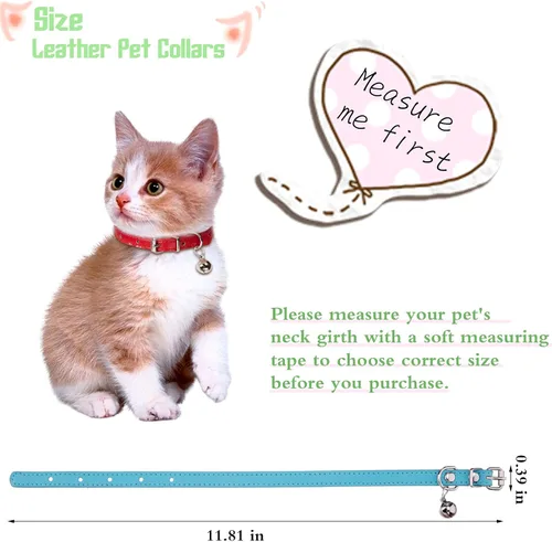 Miniatura 2 de Weewooday 6 piezas de collar de cuero para gato con campana, lindo collar de cuero para gatito para niños y niñas, gatos para cachorros pequeños
