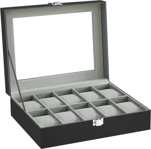 Miniatura 8 de SONGMICS Caja de reloj, caja de reloj de 10 ranuras con tapa de vidrio grande, almohadas extraíbles para reloj, organizador de caja de reloj, regalo