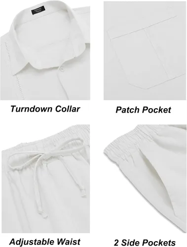 Miniatura 5 de COOFANDY Conjunto de 2 piezas de lino para hombre, camisa cubana con botones y pantalones sueltos de manga larga y pantalones sueltos