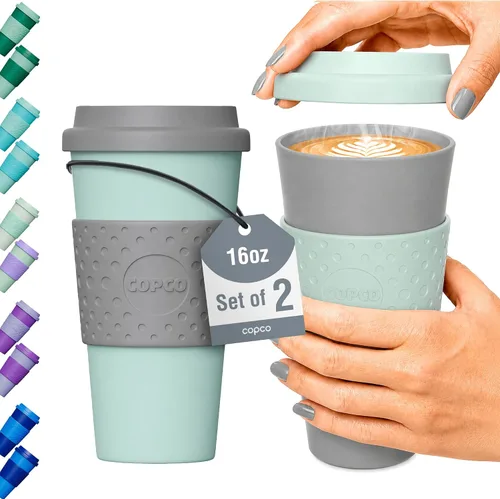 Copco Acadia - Taza de viaje de 16 onzas con tapa, juego de 2 vasos aislados de doble pared, funda antideslizante y sin BPA, apta para microondas y