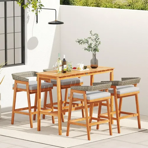 Miniatura 2 de Tangkula Juego de barra de patio de 5 piezas, mesa de madera de acacia para exteriores con 4 taburetes acolchados con respaldo de ratán curvado
