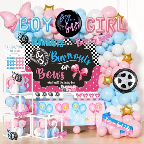 Miniatura 9 de Hombae - 170 piezas de decoraciones para revelación de género “cajas de bebé”, con fondo, guirnalda de globos, pancarta, mantel