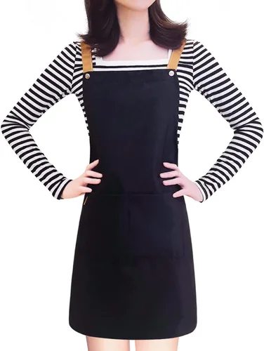 Delantal para mujer con correas ajustables y bolsillos, delantales de lona de algodón para cocinar, chef, estilista, babero, color negro