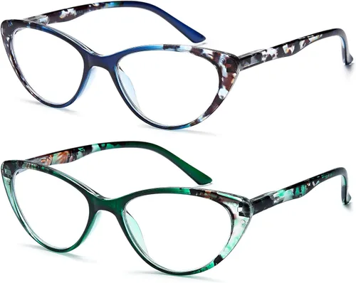 Miniatura 2 de EYEURL Gafas de lectura de ojo de gato para mujer, paquete de 2 unidades, con bloqueo de luz azul, para mujer, bisagra de resorte, patrón de moda +