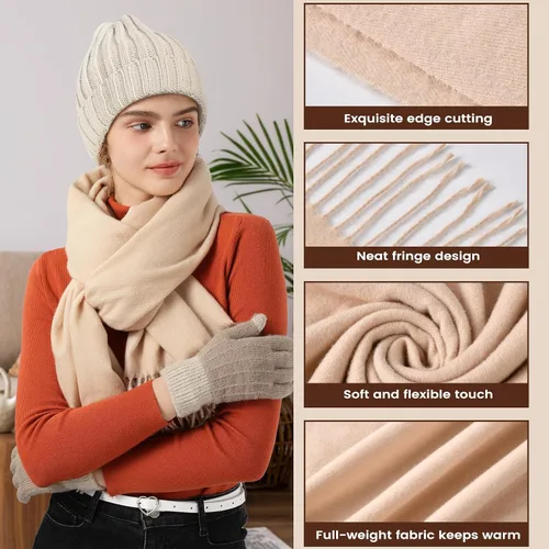 Miniatura 4 de Conjunto de gorro de invierno para mujer + bufanda larga + guantes para pantalla táctil, conjunto de ropa cálida con forro polar de punto