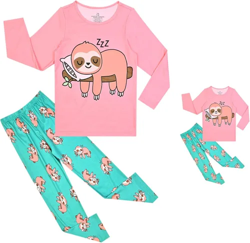 Miniatura 49 de QPANCY Conjunto de pijamas a juego para niñas y muñecas, pijamas de manga larga para otoño e invierno