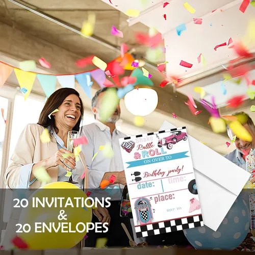 Miniatura 5 de 20 juegos de invitaciones de fiesta de cumpleaños de los años 50 con sobres, retro de los años 50 Jukebox a cuadros de doble cara impresas