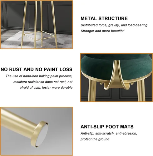 Miniatura 4 de Taburetes de bar de terciopelo modernos con respaldo y patas de metal dorado, cómodas sillas de bar altas tapizadas para cocina, isla de desayuno
