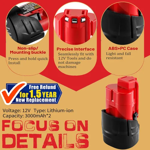 Miniatura 3 de 【Actualización】Paquete de 2 baterías de iones de litio Milwaukee M12 de 12 V, compatibles con herramientas Milwaukee de 12 V/chaqueta térmica