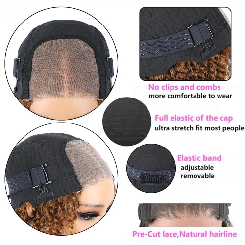 Miniatura 6 de Peluca de cabello humano con resalte rubio, fácil de usar y sin pegamento, rizada, de 16 pulgadas, pre-depilada, 4/27 onda de agua, sin pegamento