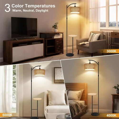 Miniatura 2 de Lámpara de pie de arco con mesa, lámparas de pie de ratán boho para sala de estar con control remoto regulable 3 temperaturas de color, lámpara