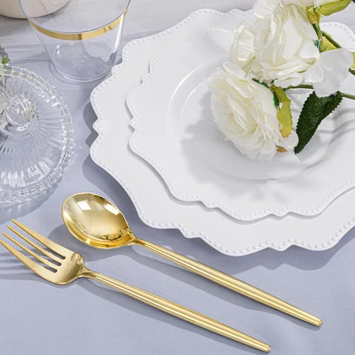 Miniatura 4 de COLOSUS Juego de cubiertos dorados desechables de 350 piezas de plástico blanco para fiesta: 50 platos de cena, 50 platos de postre, 50 servilletas