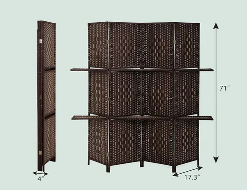 Miniatura 6 de Separadores de habitación de madera de 4 paneles con estantes, pantallas de privacidad plegables, pantalla de partición portátil, 6 pies de alto