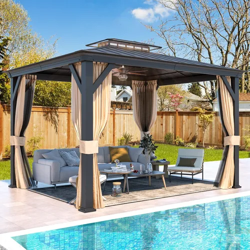 YOLENY Cenador de techo rígido de 12 x 10 pies, toldo para exteriores, techo de acrílico y acero galvanizado, marco de aluminio con cortinas y red,