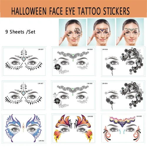 Miniatura 6 de Paquete de 9 calcomanías de maquillaje facial de ojos, impermeables, de encaje negro, tatuaje temporal para mujeres y niñas, Halloween, Navidad