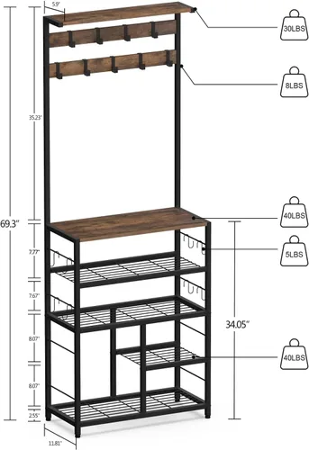 Miniatura 2 de GiftGo Árbol de pasillo grande vintage de 5 niveles con mesa de consola, entrada, perchero de pie para zapatos, estante organizador para el hogar