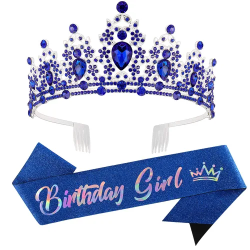 SuPoo Kit de corona y banda de cumpleaños, tiara azul con diamantes de imitación y peine, banda con purpurina, diadema de cristal para mujeres y