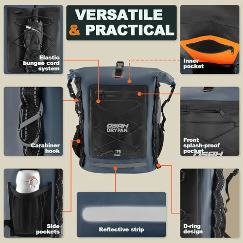 Miniatura 3 de OSAH DRYPAK Mochila impermeable 35L/55L/85L – Mochila de senderismo resistente con parte superior enrollable que mantiene el equipo seco para Azul