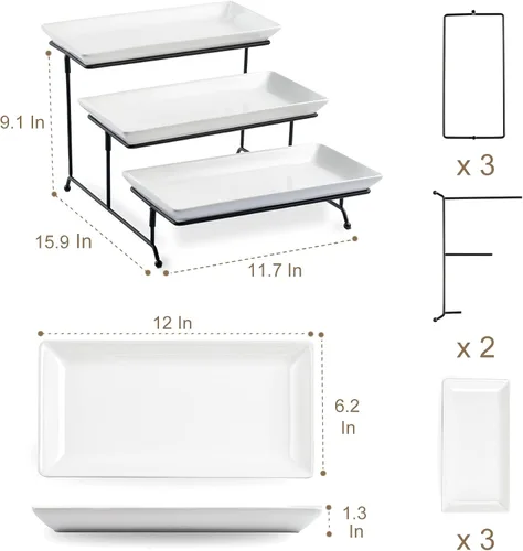 Miniatura 2 de LYEOBOH Juego de soporte y bandejas escalonadas, soporte grande para bandeja escalonada, bandeja para servir de 3 niveles con estante plegable más