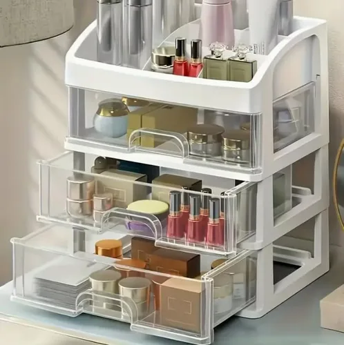 Organizador de maquillaje con 3 cajones, vitrinas de cosméticos, caja de almacenamiento de maquillaje (3 cajones) (blanco)