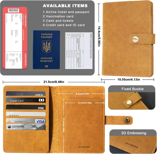 Miniatura 2 de Funda de cuero de grano completo para pasaporte para hombres y mujeres, cartera de pasaporte y tarjetero de vacuna, funda para pasaporte, cartera