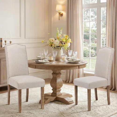 Silla de comedor tapizada moderna y elegante Parsons con respaldo alto con ribete plateado de cabeza de clavo y patas de madera, juego de 2