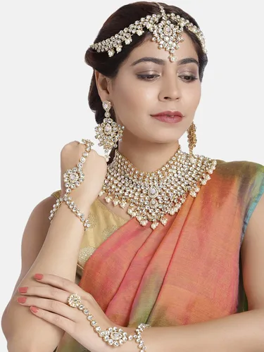 Miniatura 5 de Aheli Classic Bollywood Style Indian Bridal Choker Necklace Matha Patti Nose Ring Haath Phool Wedding Fashion Jewelry Set for Women (Blue)