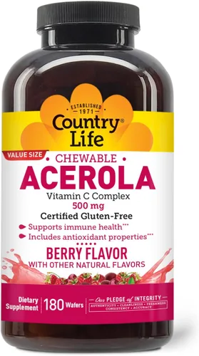 Country Life Complejo de vitamina C de Acerola, 500 mg, obleas masticables con sabor a bayas, apoya la salud inmunológica, 180 obleas, certificado