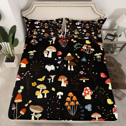 Miniatura 2 de Erosebridal Juego de sábanas de hongos para cama individual, diseño de hongos de dibujos animados, diseño de mariposas kawaii, plantas botánicas