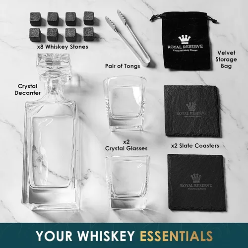 Miniatura 3 de Royal Reserve - Juego de decantador de whisky - Decantador de licor de bourbon de 24 onzas, 25.4 fl oz con vasos, piedras refrescantes, posavasos