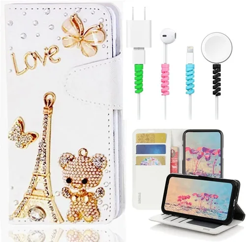 Miniatura 8 de Bling - Funda de piel tipo cartera compatible con iPod Touch 7ª generación (2019), diseño de flores y mariposas en 3D hechas a mano, con protector