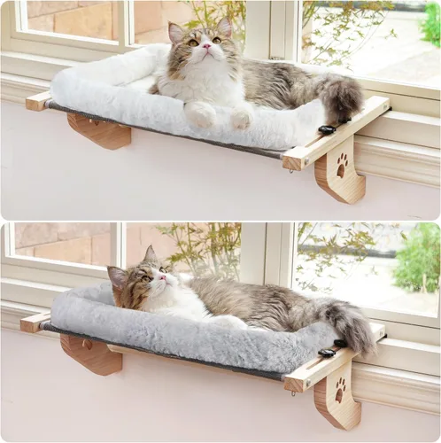 Miniatura 4 de AMOSIJOY Asiento de hamaca resistente para gatos con funda de cama acolchada, marco de madera y metal para gatos grandes, fácil de ajustar, alféizar