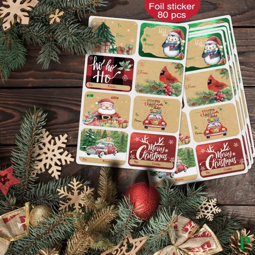 Miniatura 5 de party funny 80 etiquetas adhesivas de papel de estraza de papel de aluminio, 8 diseños gigantes, etiquetas de nombre de Navidad para escribir