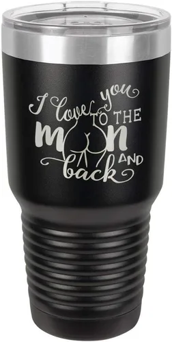 Vaso negro de 30 onzas con popote y tapa superior deslizante con texto en inglés "I love you to the moon and back", color negro