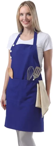 Miniatura 16 de TOSHE Delantal de cocina de algodón resistente a las gotas de agua con delantales ajustables para mujer con bolsillos, 10 opciones de color, Amarillo